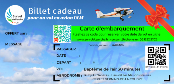 Billet cadeau papier survol du perche en avion ulm specimen